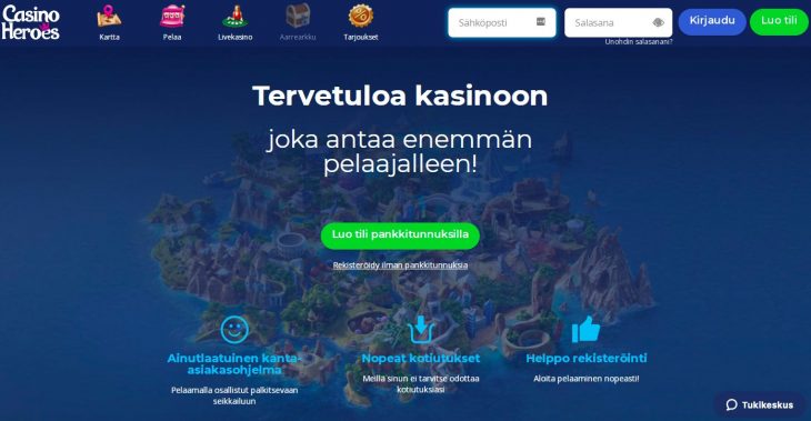 Casino Heroes tarjoaa mahdollisuuden pelata ilman pankkitunnuksia