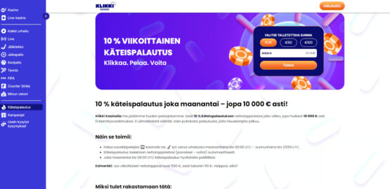 klikki kasino käteispalautus